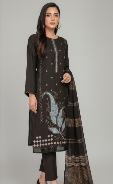 Dhanak Front Embroidered Unstitched winter suit with 3D shawl