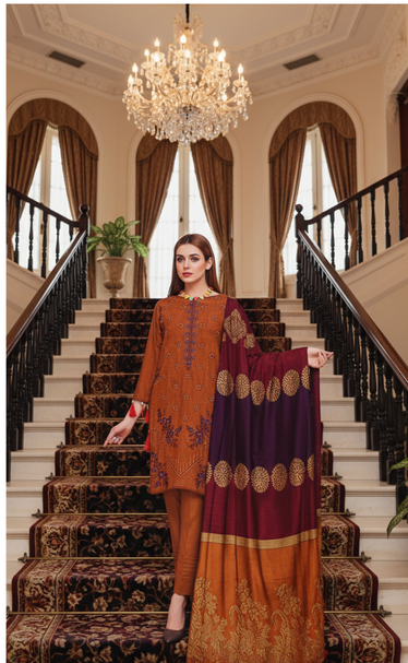 Dhanak Front Embroidered Unstitched winter suit with 3D shawl