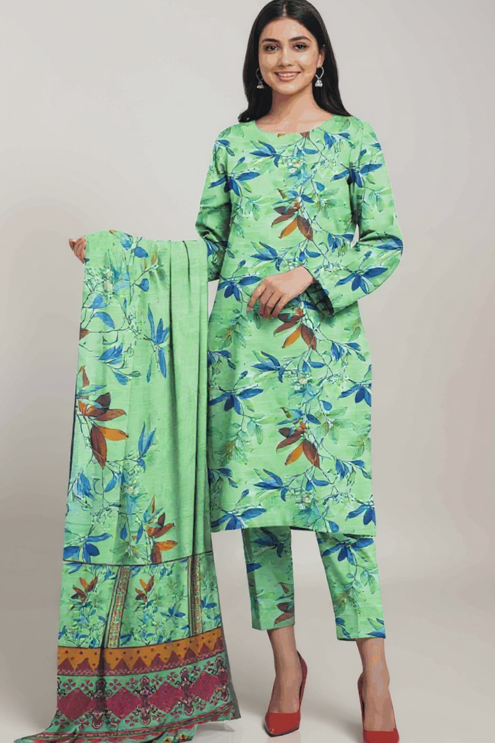 Unstitched 3 Piece Khaddar digital printed winter suit