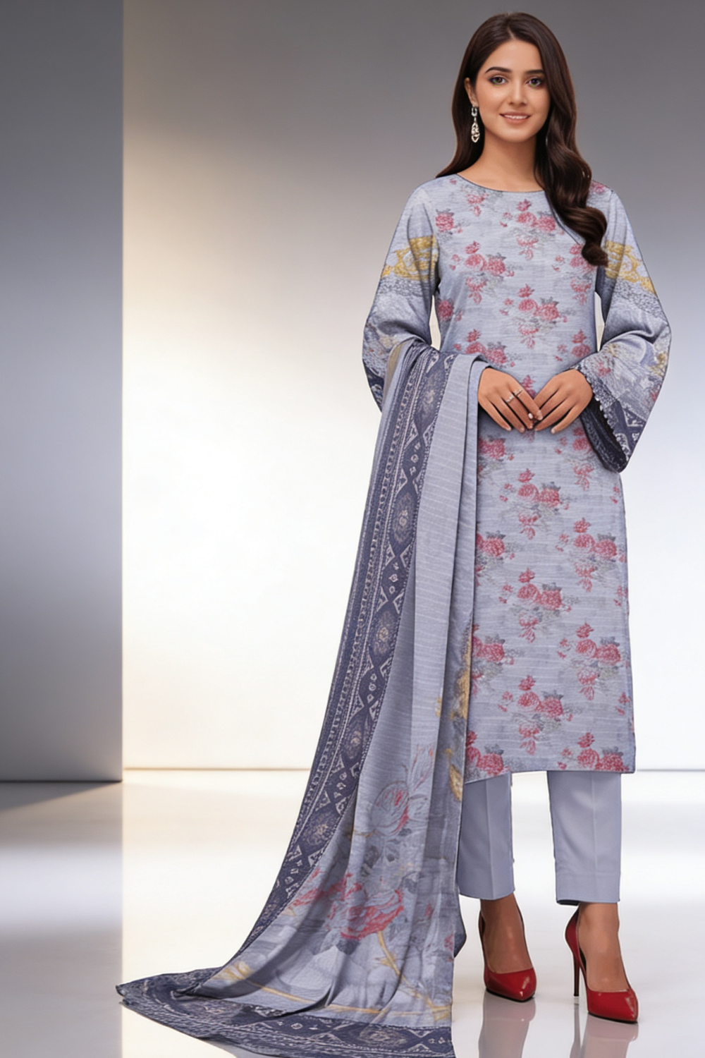 Unstitched 3 Piece Khaddar digital printed winter suit