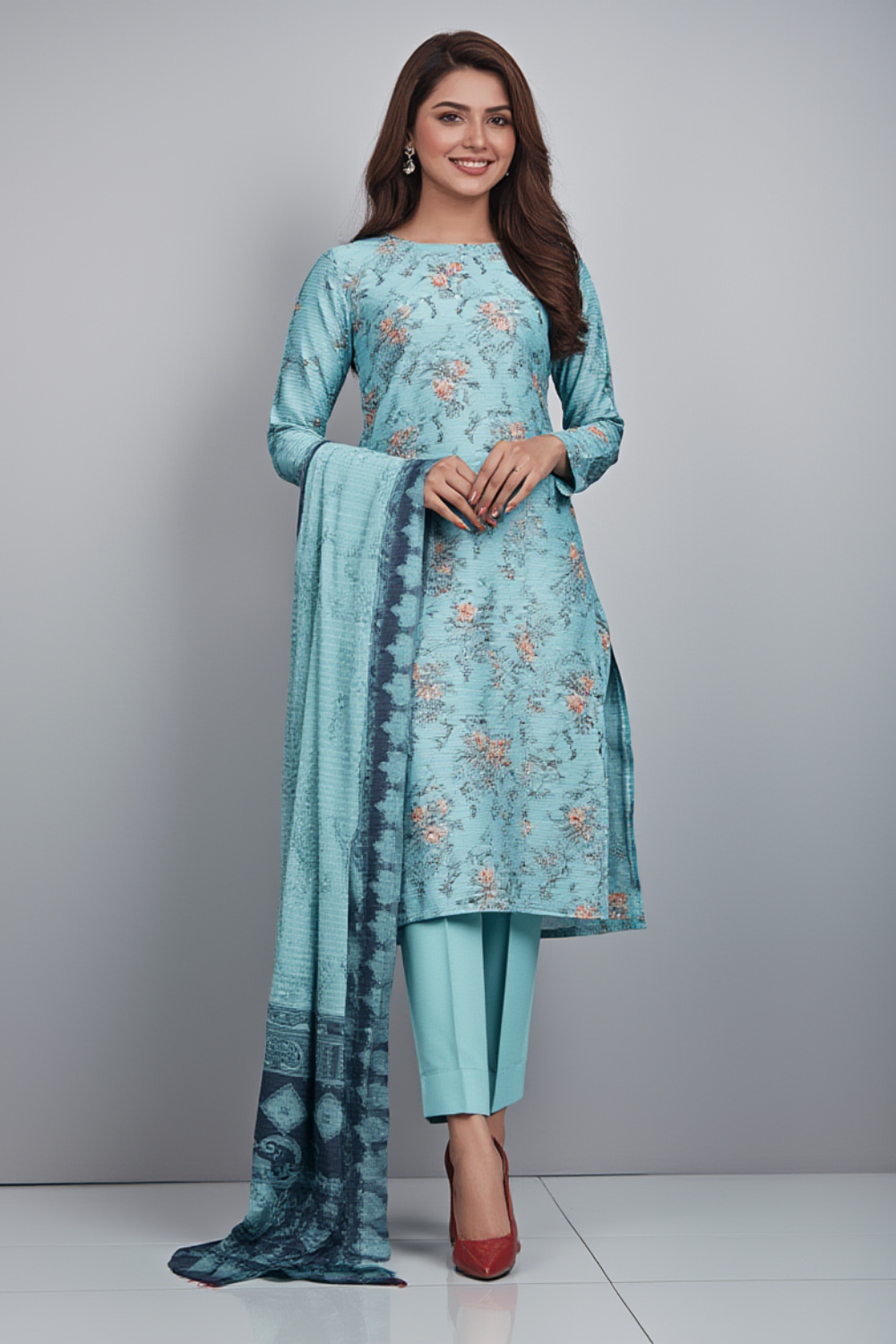 Unstitched 3 Piece Khaddar digital printed winter suit